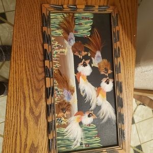 Mexican Bird Folk Art. Aztec Feather Art in Vintage Carved frame